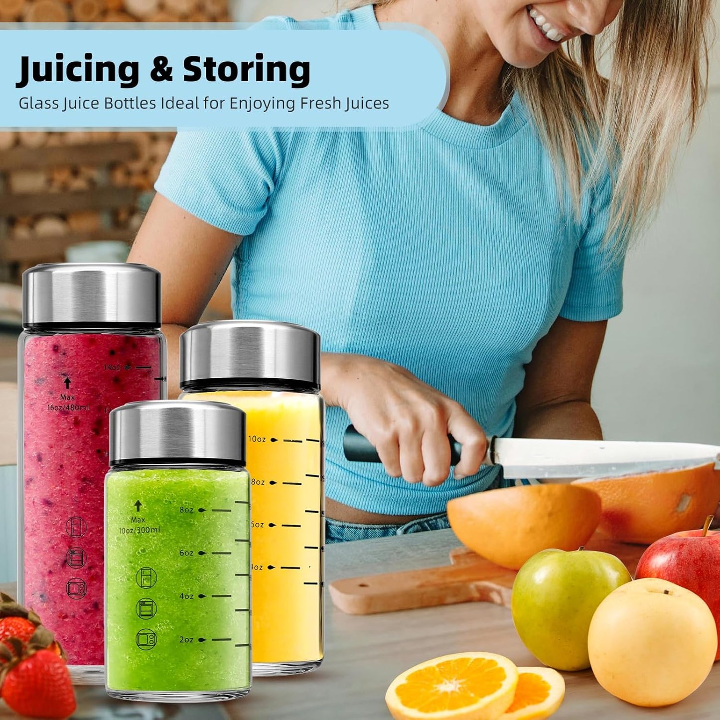 Glass Juice Bottles 6 Pack 16 oz - Wide Mouth Glass Water Bottles with Lids - Borosilicate,Stainless Steel Lids for Juicing, Smoothies, Infused Water, Beverage Storage, Leakproof, Reusable, BPA Free