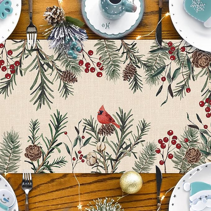 Seliem Winter Pine Needle Branches Table Runner, Pine Cone Cardinal Red Birds Berry Farmhouse Kitchen Dining Table Decor, Christmas Holiday Home Decoration Indoor Outdoor Party Supply 13 x 36 Inches