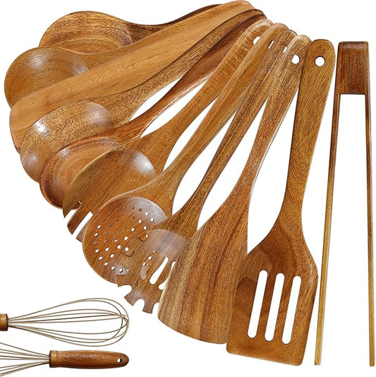 Unokit Cooking Utensils Set for Kitchen - 12 Piece Nonstick Natural Teak Wooden Spoons for Cooking, Comfort Grip Kitchen Utensils Set, Teak Wooden Utensil Set with Holder and Spoon Rest