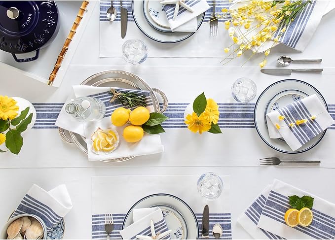 Solino Home Linen Table Runner 60 Inches - 100% Pure Linen Navy and White Farmhouse Table Runner 14 x 60 Inch Ideal for Dresser and Coffee Tables - Christmas, Holiday, New Year