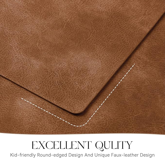 MOSAYT Vinyl Placemats Set of 4-12 X 17 Inch - Winter Faux Leather 100% Waterproof Oil-Proof Wipeable PU Place Mats, Heat Resistant Reversible Table Mats for Kitchen, Dining, Outdoor (Reddish Brown)