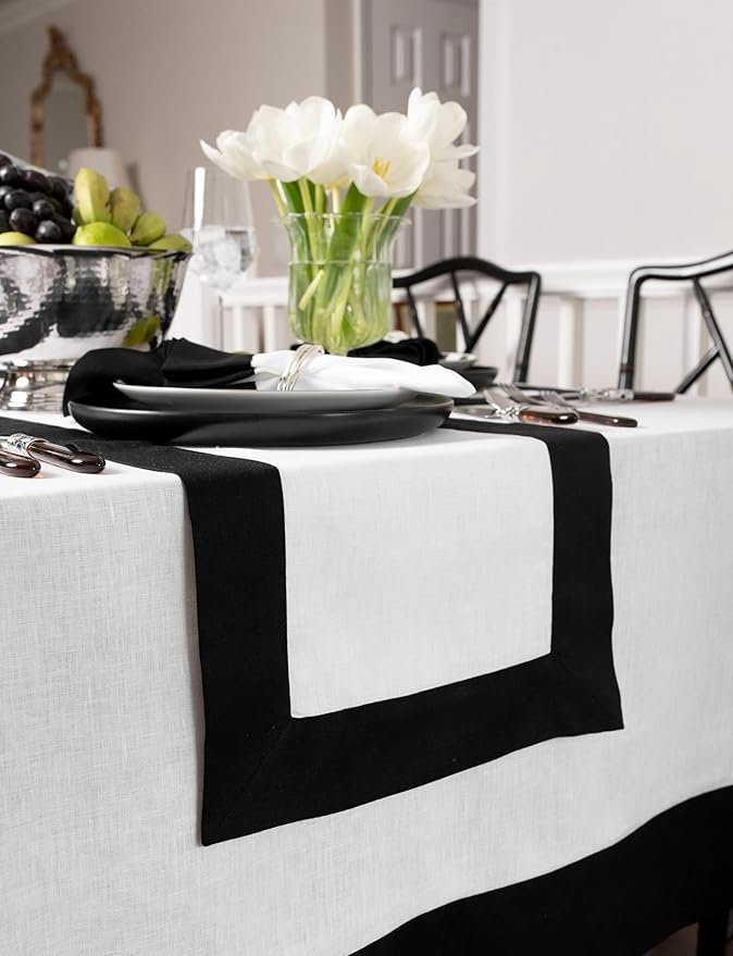 Solino Home Linen Table Runner 48 Inches - 100% Pure Linen Black and White Table Runner 14 x 48 Inch Ideal for Dresser and Coffee Tables - Winter, Holiday - Contempo