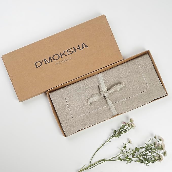 D'Moksha Homes Linen Natural Table Runner 108 Inches Long - 100% Pure Linen 14 x 108 Inch Table Runner for Winter, Christmas, Holiday, New Year - Classic Hemstitch