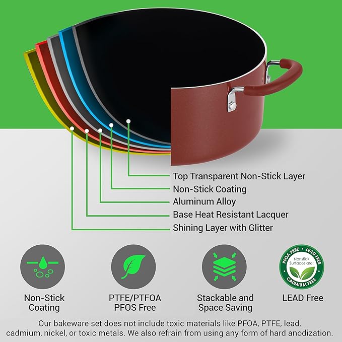 NutriChef Space Saver 17-Piece Nonstick Cookware Set - Brown Pots and Pans with Stackable Design, Foldable Handles, Induction Ready