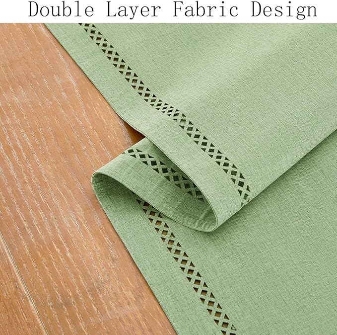 Burlap Style Farmhouse Table Runner, 13 x 108 Inch Avocado Green, Rustic Geometric Hollow Table Runners 108 Inches Long for Dresser Table Everyday Use, 13x108 Inches, Avocado Green