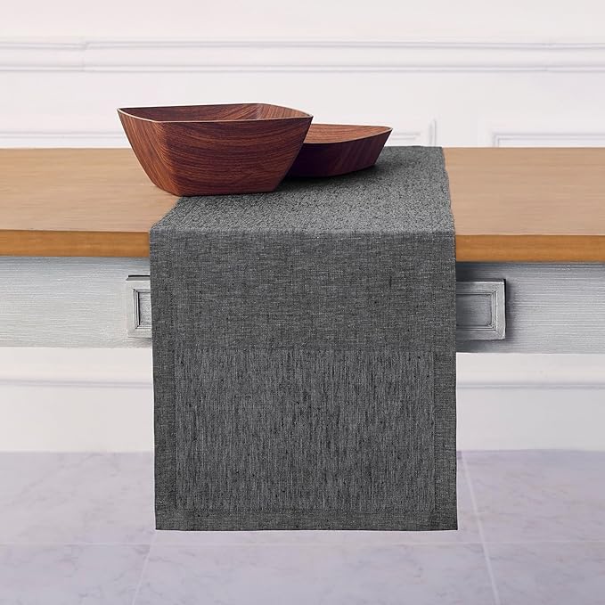 Solino Home Linen Table Runner 90 Inches Long - Athena, 100% Pure Linen Charcoal Grey Table Runner 14 x 90 Inch for Dining, Winter