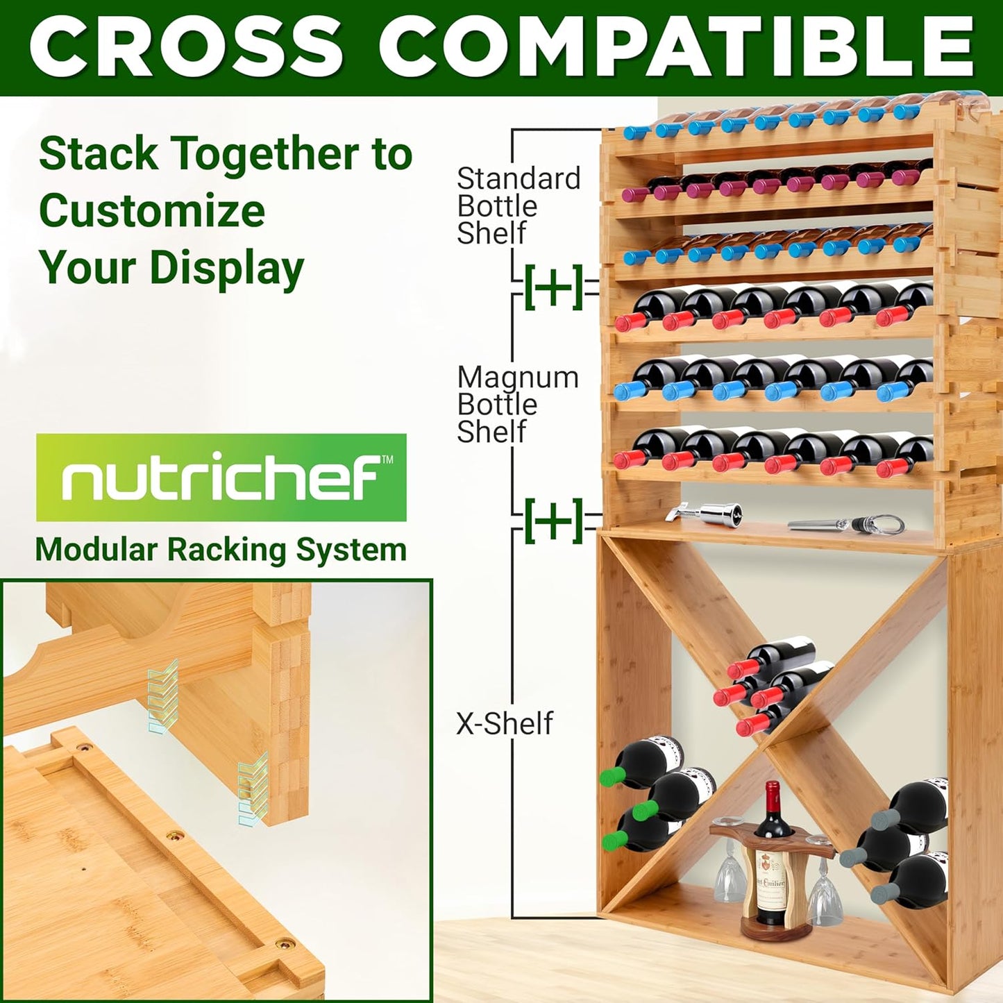 NutriChef Bamboo Stackable Wine Rack, 12-Tier 108 Bottle Capacity Free Standing Floor, No Tools Assembly, Modular Storage Display Shelf for Kitchen and Cellar 33.5" x 10" x 62.75"
