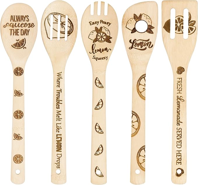 Eartim Wooden Cooking Spoon Utensil - 5Pcs Summer Lemon Cooking Serving Bamboo Spatula Mixing Spoon Kitchen Utensil Set Non Stick Cookware Heat Resistant Comfort Grip Dishwasher Safe Birthday Gifts