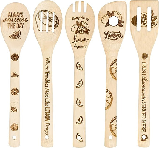 Eartim Wooden Cooking Spoon Utensil - 5Pcs Summer Lemon Cooking Serving Bamboo Spatula Mixing Spoon Kitchen Utensil Set Non Stick Cookware Heat Resistant Comfort Grip Dishwasher Safe Birthday Gifts