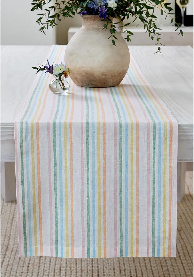 Solino Home Linen Table Runner 72 Inches Long - Julia, 100% Pure Linen Multicolor Muted Pastel Stripe Table Runner 14 x 72 Inch for Dining, Dresser
