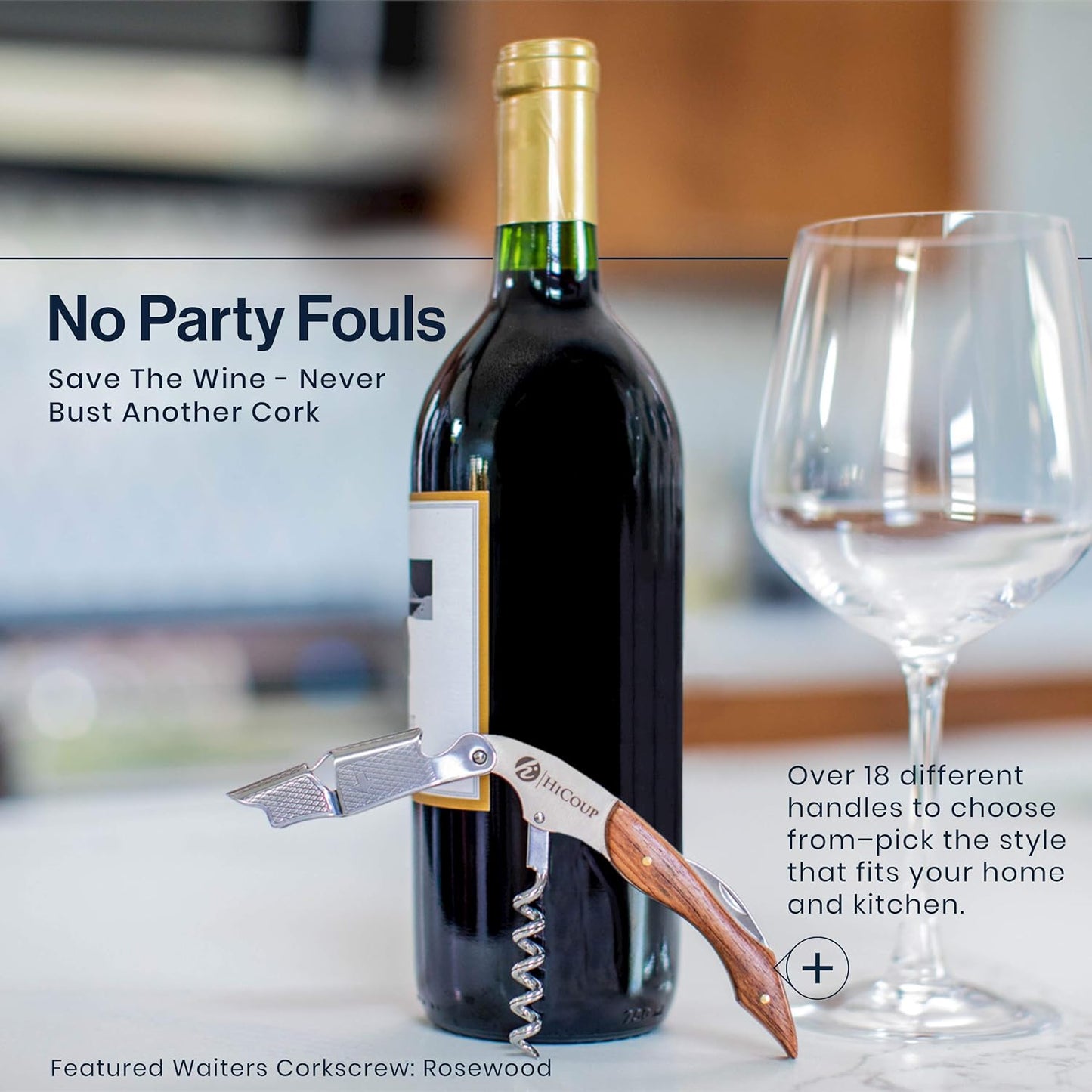 Hicoup Wine Opener - Professional Corkscrews for Wine Bottles w/Foil Cutter and Cap Remover - Manual Wine Key for Servers, Waiters, Bartenders and Home Use - Stainless Steel With Pakka Wood Inlay