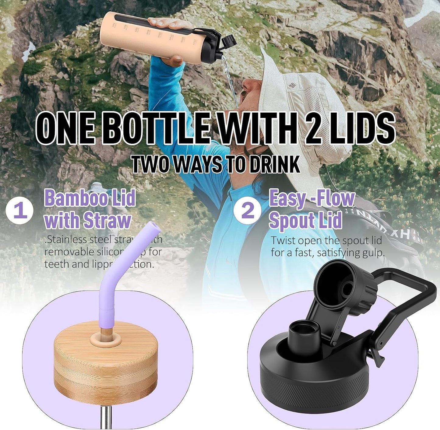 Glass Water Bottle with Straw, 24oz Glass Drinking Bottle with 2 Lids-Bamboo and Spout Lid with Phone Holder Handle for Gym Sports,with Silicone Sleeve and Time Marker,Purple