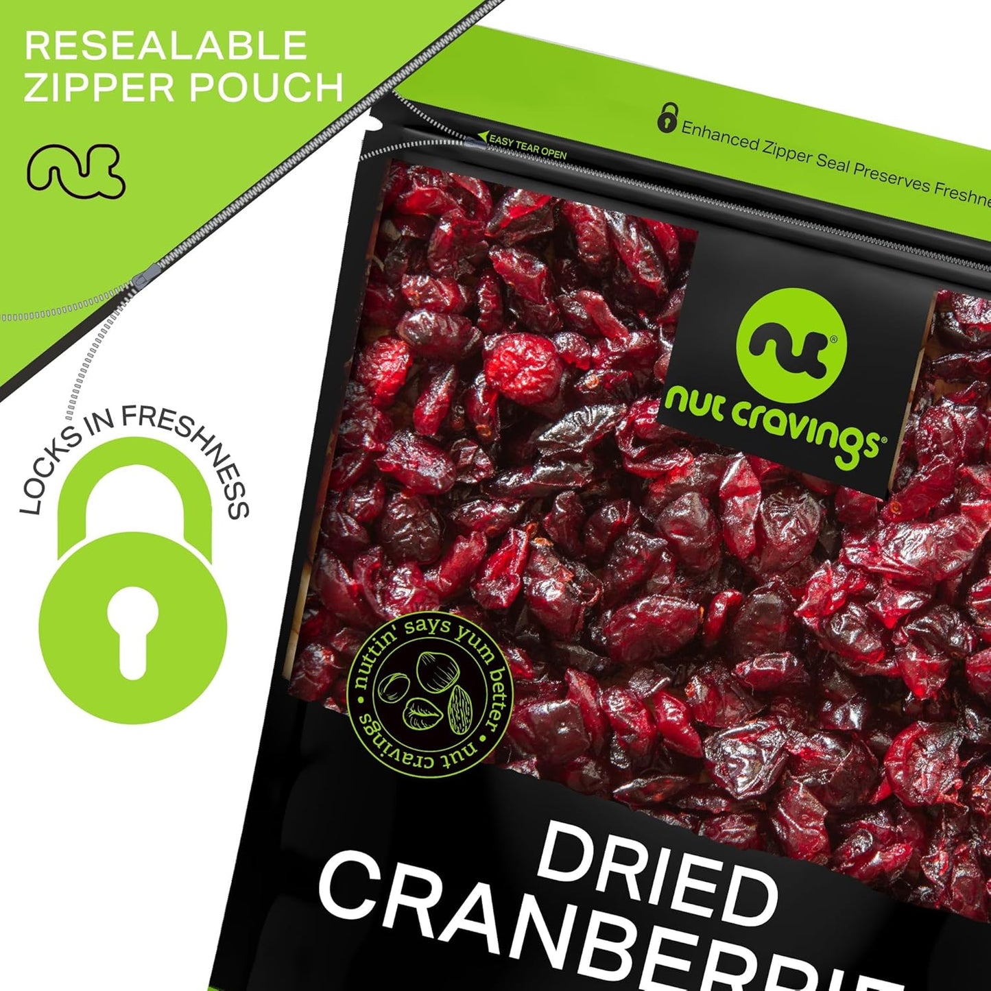 NUT CRAVINGS - Sun Dried Whole Cranberries, Lightly Sweetened (16oz, 1 LB) Bulk Dry Fruits Packed Fresh in Resealable Bag - Sweet Healthy Snack, Naturally Grown, Vegan, Kosher