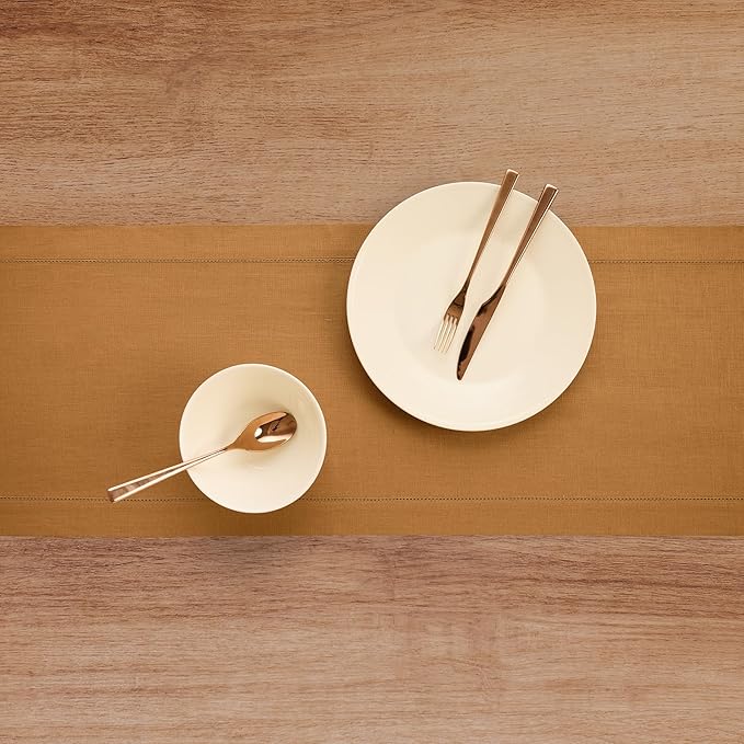Solino Home Linen Table Runner 60 Inches - 100% Pure Linen Brown Sugar Hemstitch Table Runner 14 x 60 Inch Ideal for Dresser and Coffee Tables - New Year - Classic Hemstitch