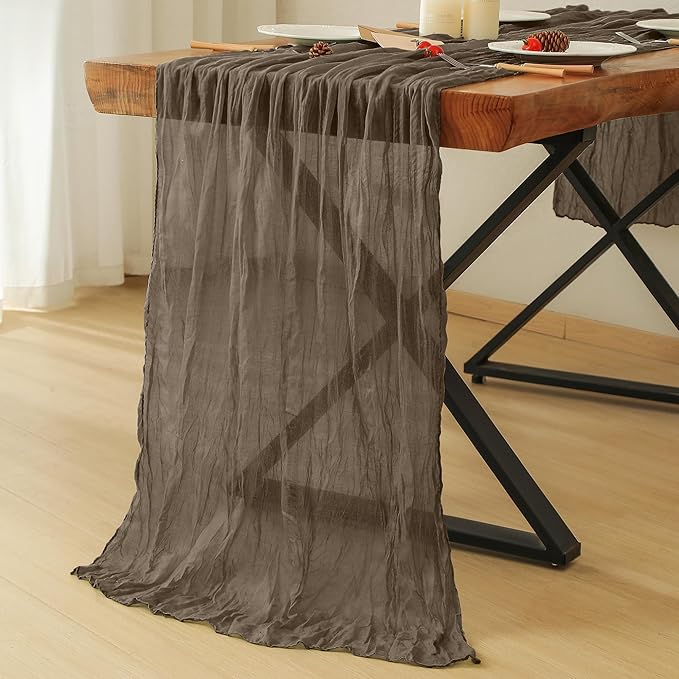 Leetaltree 2 Pack Taupe Cheesecloth Table Runner, 35x120 Inch Boho Rustic Cheese Cloth Table Runner, Decorative Table Runners for Bridal Baby Shower Decorations or Wedding Table Decorations