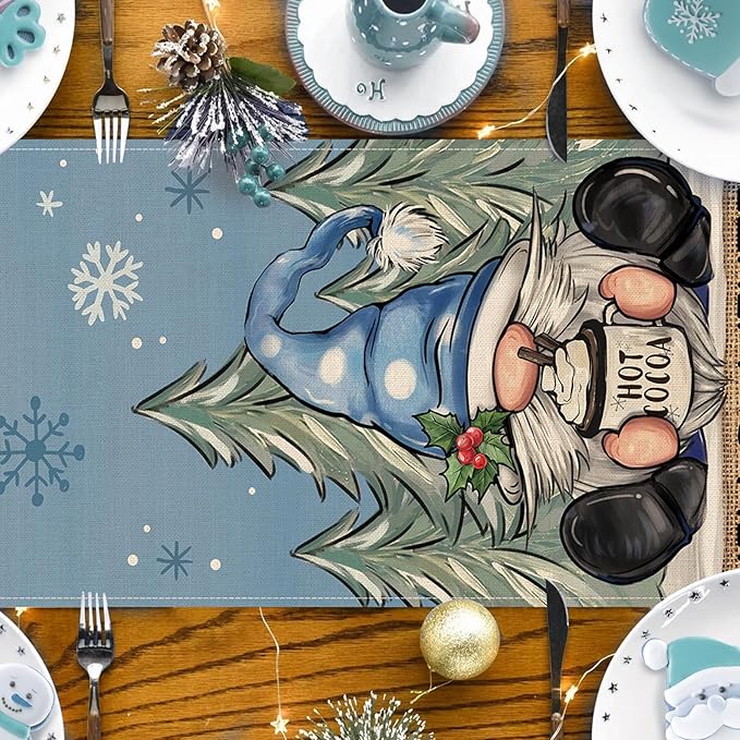 Seliem Hello Winter Blue Gnome Table Runner, Pine Tree Snowflake Hot Cocoa Farmhouse Kitchen Dining Table Decor, Christmas Holiday Rustic Home Decoration Indoor Outdoor Party Supply 13 x 90 Inches