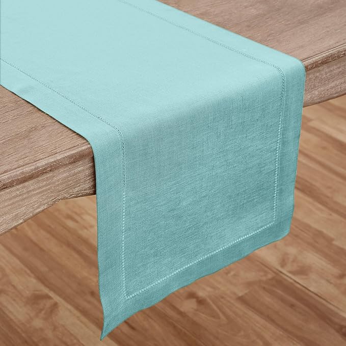 Solino Home Linen Aqua Blue Table Runner 156 Inches Long - 100% Pure Linen Extra Long Table Runner 14 x 156 Inch - Classic Hemstitch