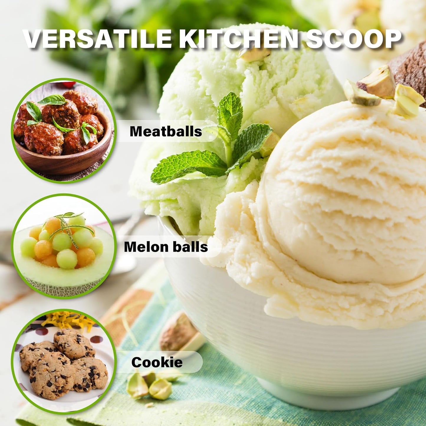 Ice Cream Scoop Set, Cookie Scoop set of 3, 3.25 Tbsp/ 4.9 Tbsp / 6 Tbsp Ice Cream Spoon with Trigger, Cookie Dough Scoop, Portion Scoop 1.63 oz, 2.45 oz, 3oz