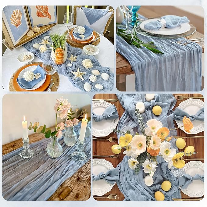 6 Pack Dusty Blue Cheesecloth Table Runner 17x108 Inch Semi Sheer Boho Gauze Cheese Cloth Fabric Table Runners, for Wedding Party Baby Shower Birthday Home Decor Garden Farmhouse