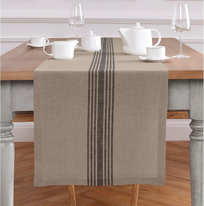 Solino Home Linen Striped Table Runner 120 Inches Long - Farmhouse 100% Pure Linen Black and Natural Table Runner 18 x 120 Inch - Handcrafted and Machine Washable