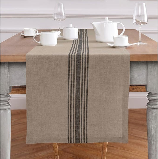 Solino Home Linen Striped Table Runner 120 Inches Long - Farmhouse 100% Pure Linen Black and Natural Table Runner 18 x 120 Inch - Handcrafted and Machine Washable