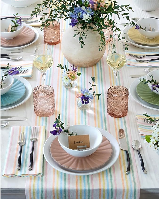 Solino Home Striped Linen Table Runner 144 Inches Long - Julia 100% Pure Linen Multicolor Muted Pastel Stripe Dining Table Runner 14 x 144 Inch