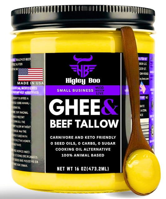 Higley Boo Premium Ghee & Beef Tallow for Cooking – 100% Animal-Based Cooking Oil | Keto, Carnivore & Paleo Friendly | Seed Oil Free | Zero Carbs, Zero Sugar | Gluten-Free, Lactose-Free | 16oz Jar