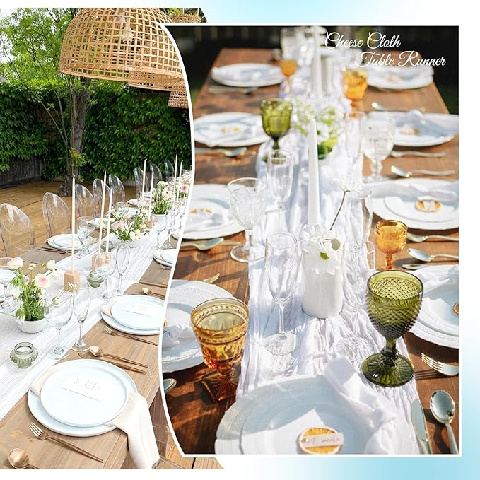 Aktor 6 Pack White Cheesecloth Table Runner 10Ft Gauze Table Runner Boho Semi Sheer Cheese Cloth Fabric Runners for Wedding Birthday Baby Shower Party Table Decoration（White）