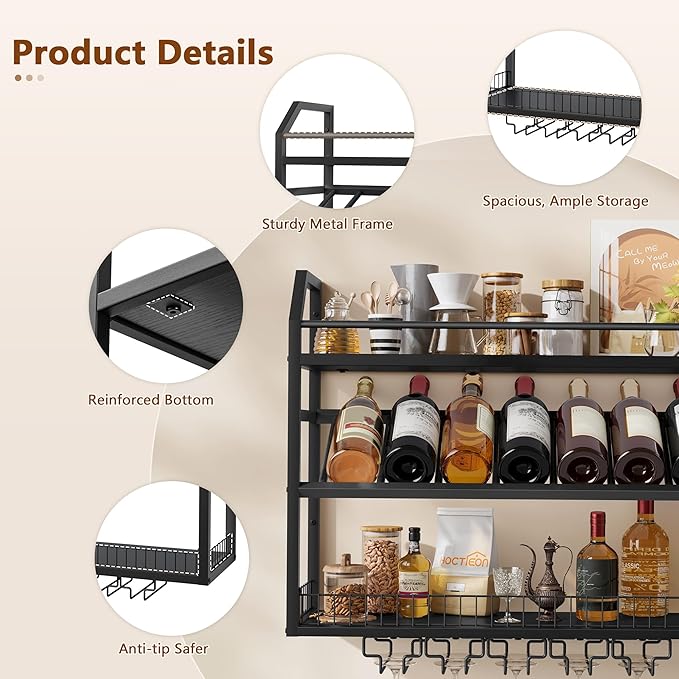 Hoctieon Wall Mount Wine Rack, Wall Mounted Wine Bottle Rack for Display and Storage, Hanging Bottle Holder, for Living Room, Dining Room, Bar, Wine Cellar, Black
