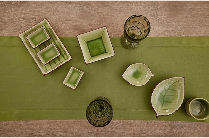 Solino Home Linen Hemstitch Table Runner 36 Inches - 100% Pure Linen Avocado Green Table Runner 14 x 36 Inch Ideal for Dresser and Coffee Tables - Winter - Classic Hemstitch