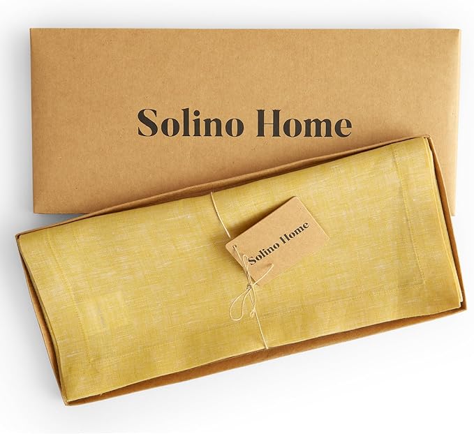 Solino Home Linen Table Runner 132 Inches Long - Athena, 100% Pure Linen Chambray Lemon Yellow Table Runner 14 x 132 Inch for Dining