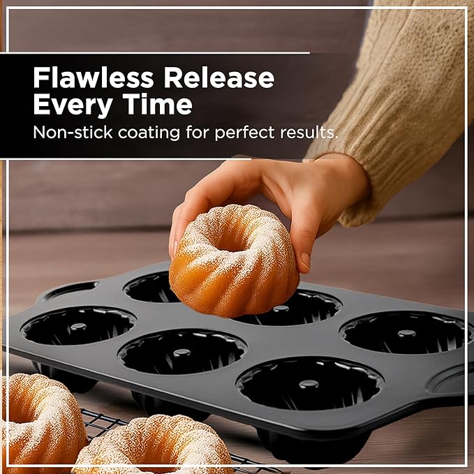 Wrenbury Nonstick Mini Swirl Buntz Pan for Baking - 6 Cup Fluted Cake Tin for Small Cakes - PFOA Free and Dishwasher Safe - 3.75” Cup Width