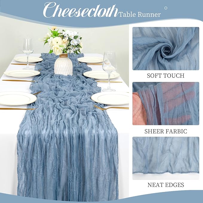 12 Pack 10Ft Dusty Blue Cheesecloth Table Runner 35 x 120 inch Boho Gauze Cheese Cloth Table Runner Vintage Rustic Sheer Runners for Wedding Bridal Shower Birthday Party Cake Table Decorations