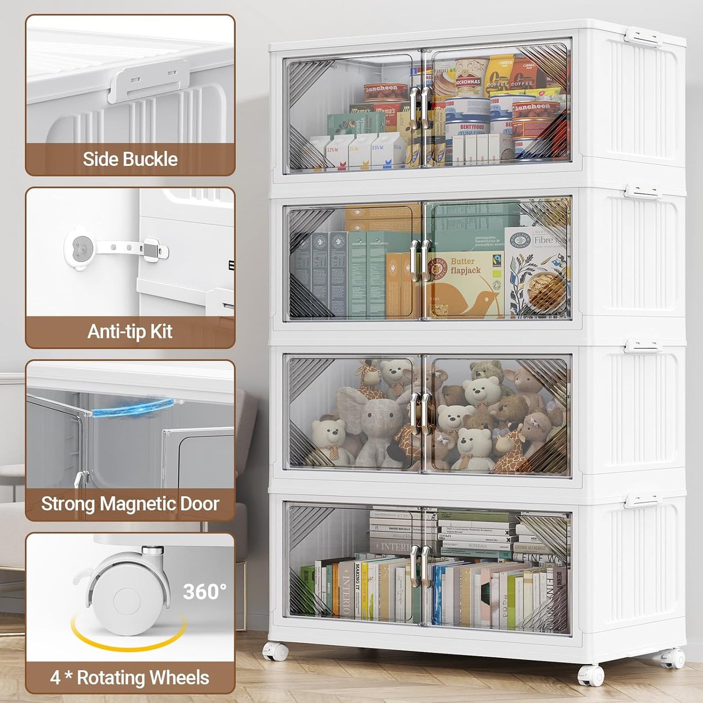 105Gal Plastic Stackable Storage Bins with Lid, 420QT Extra Large Closet Organizers Collapsible Cabinets Boxes With Drawers, Foldable Containers with 4x Wheels for Home Kitchen, V60 3Pack White