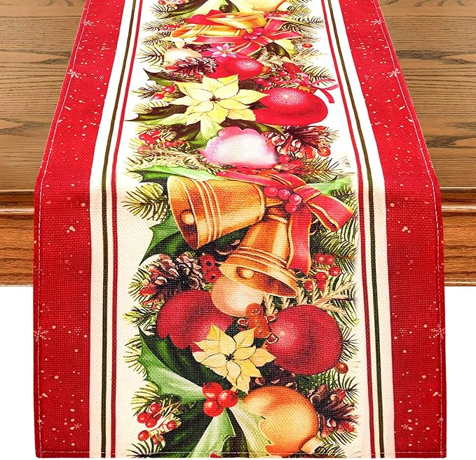 Christmas Table Runner,Red Flower Poinsettia Bells Christmas Runners Table Decoration for Indoor Outdoor Home Party Decor 13x72 Inch (Christmas Bells)