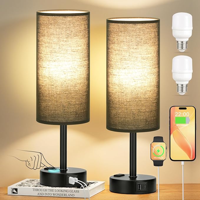 Black Touch Table Lamps Set - 3 Way Dimmable Bedroom Bedside Lamps Set of 2 with USB C and A Ports,Small Lamps for Nightstand with AC Outlet,Round Flaxen Shade for Desk,Office,Dorm,Nursery