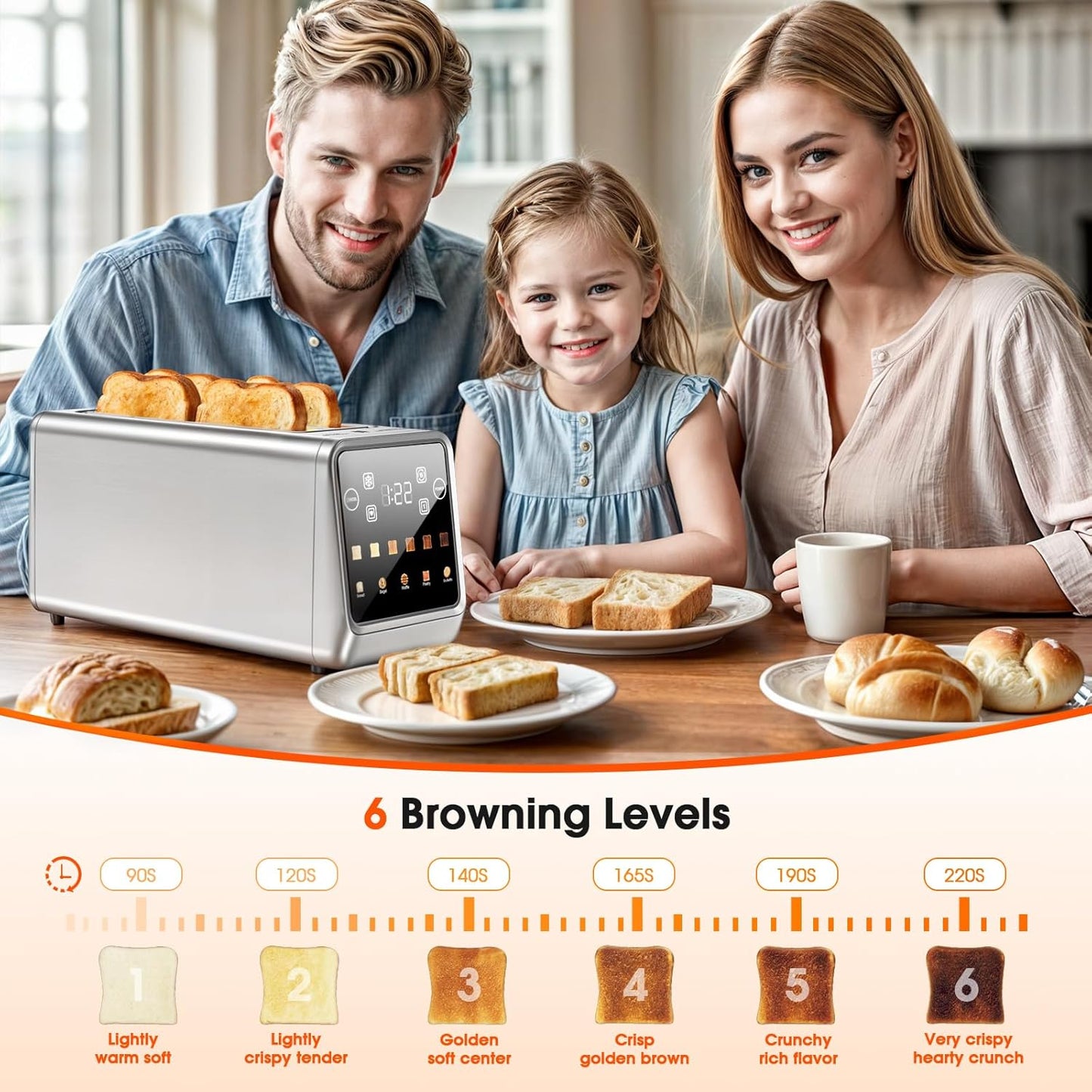 4-Slice Smart Toaster with Touch Screen | 1400W Fast Even Toast & Stainless Steel | 2x1.5" Extra-Wide Slots for Bagels | Memory Function, 6 Shade Settings