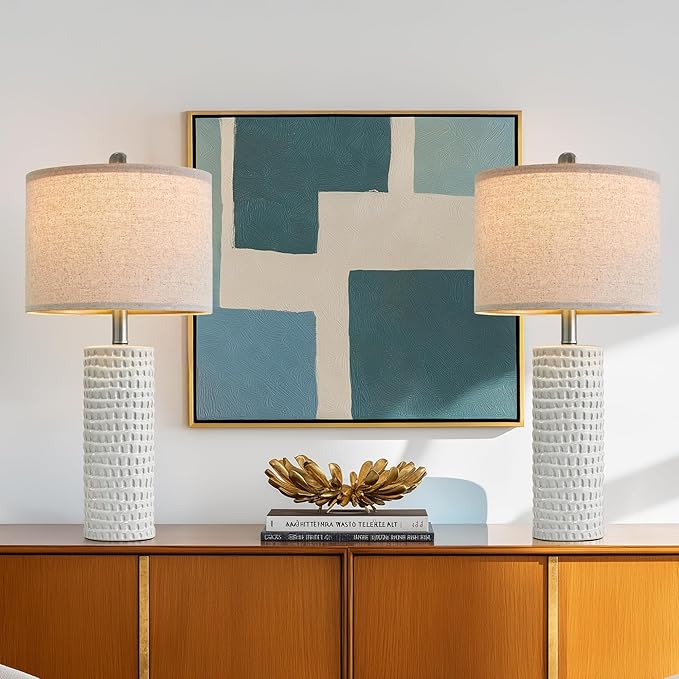 PORTRES 24" Modern Ceramic White Table Lamp Set of 2 for Bedroom Living Room Farmhouse Bedside Lamps Nightstand lamp Desk Lamp for End Table Home Decor