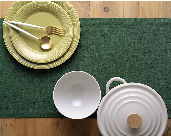 Solino Home Linen Forest Green Table Runner 108 Inches Long - Athena, 100% Pure Linen Dining Table Runner 14 x 108 Inch for Christmas, Winter, New Year - Handcrafted and Machine Washable