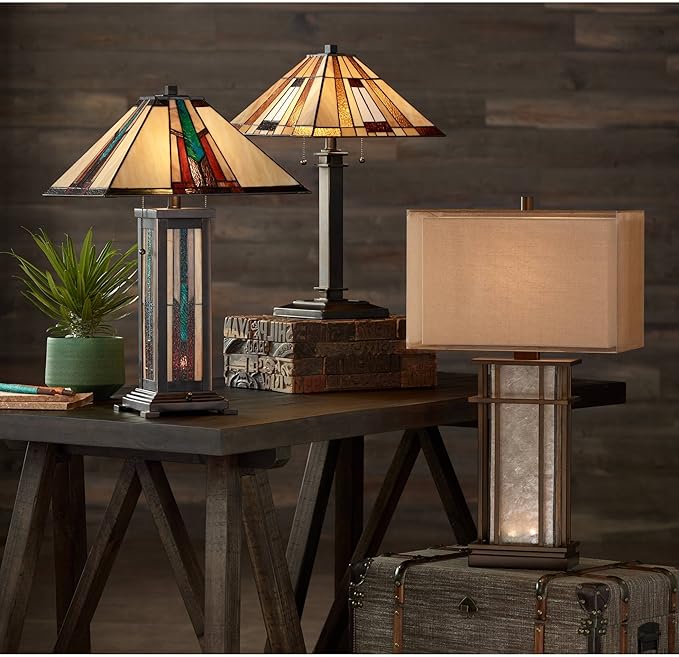 Robert Louis Tiffany Ranier Mission Tiffany Style Table Lamp with Nightlight 25" High Bronze Brown Antique Stained Art Glass for Living Room Bedroom House Bedside Nightstand Home Office Family