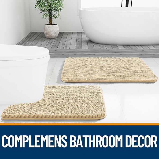 OLANLY Toilet Rugs U-Shaped 20x20, Extra Soft Absorbent Chenille Contour Bathroom Rugs for Toilet, Dry Quickly, Machine Washable, Non-Slip Bath Mat, Beige
