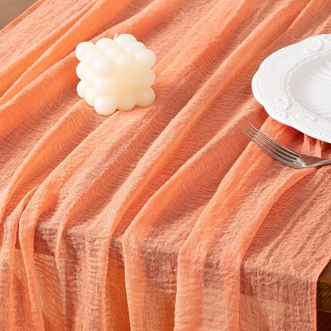 Socomi 3pcs Peach Orange Fall Thanksgiving Gauze Cheesecloth Table Runner 120 Inch Rustic Boho Cheese Cloth Runner for Wedding Party Baby Bridal Shower Centerpiece Decoration Holiday Home Decorations
