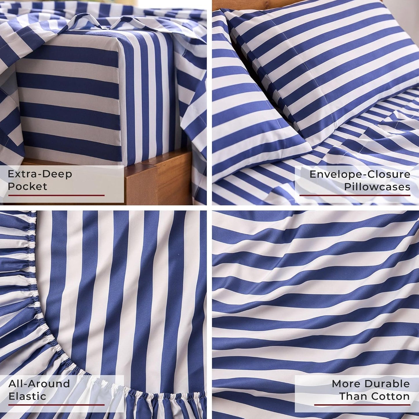 Mellanni Full Sheets Set - 4 PC Iconic Collection Bedding - Hotel Luxury, Extra Soft, Cooling Bed Sheets - Wrinkle, Fade, Stain Resistant (Full, Oxford Stripe Blue Nova)