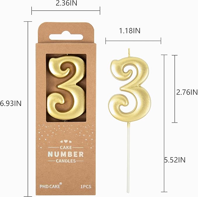 PHD CAKE 2.76 Inch Elegant Gold 3 Number Birthday Candles, Gold Number Candles, Cake Number Candles, Party Celebration