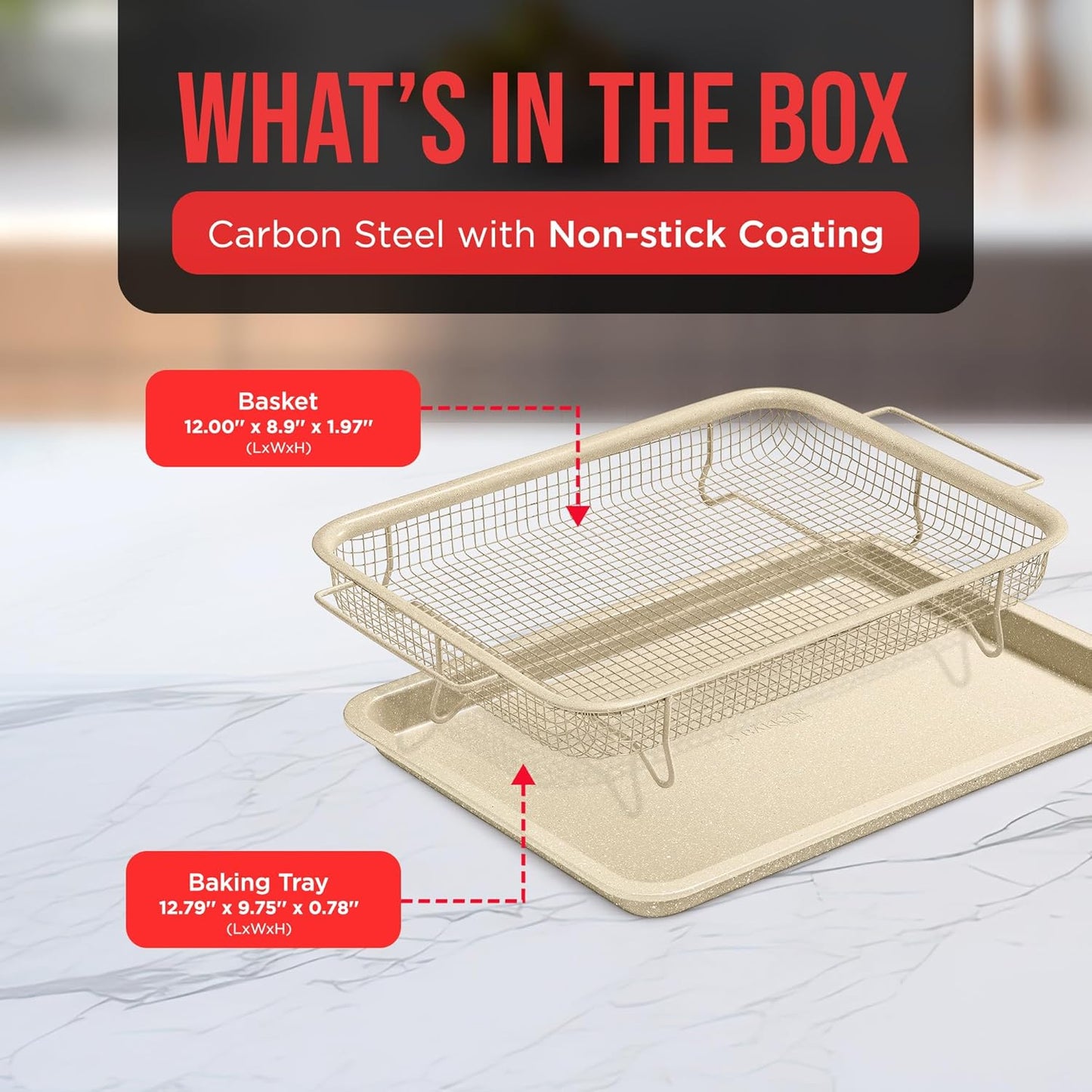 Bakken-Swiss Crisper Tray - 2-Piece Set – White Marble, Non-Stick Basket Design for Healthier Cooking in Regular Ovens - Achieve Perfectly Crispy Chips, Bacon and More