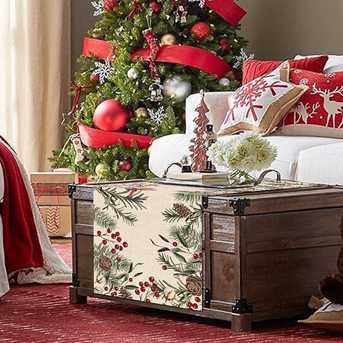 Seliem Winter Pine Needle Branches Table Runner, Pine Cone Cardinal Red Birds Berry Farmhouse Kitchen Dining Table Decor, Christmas Holiday Home Decoration Indoor Outdoor Party Supply 13 x 48 Inches