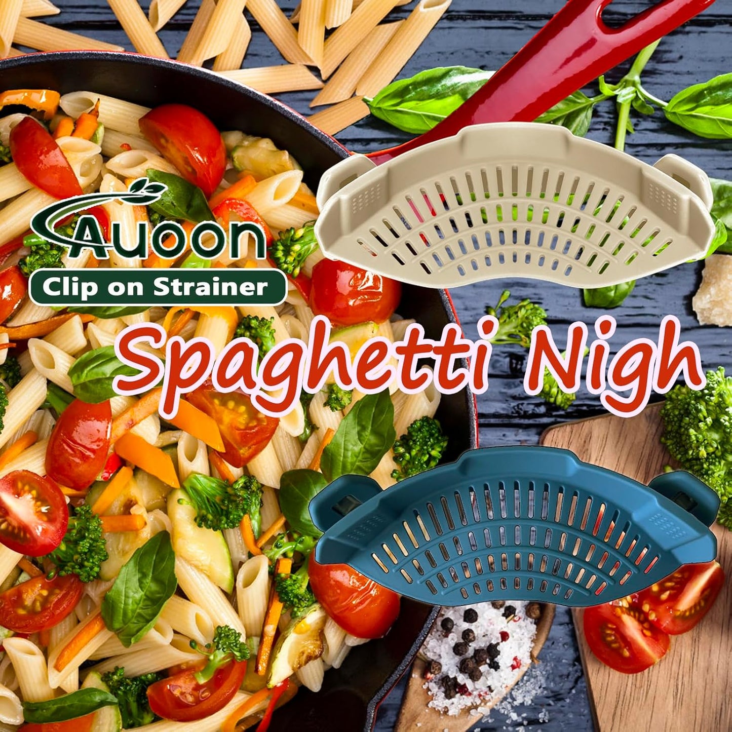 AUOON Clip On Strainer Silicone for All Pots and Pans, Pasta Strainer Clip on Food Strainer for Meat Vegetables Fruit Silicone Kitchen Colander (Fog Blue)