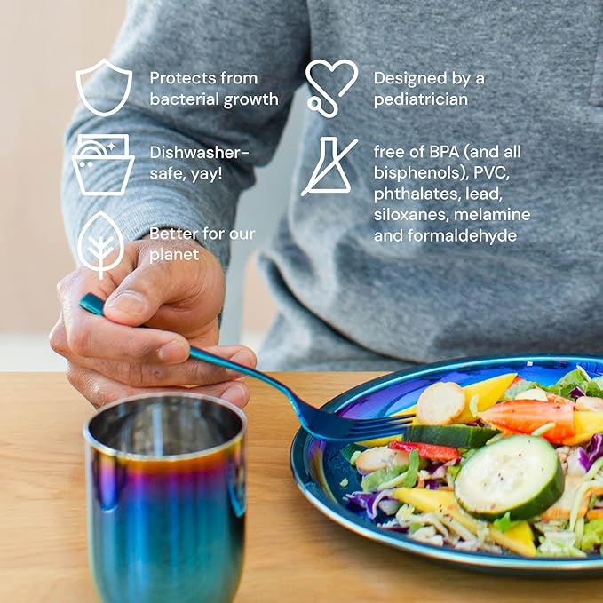 Ahimsa Stainless Steel Kids Plates, 9" Colorful Non Divided Stainless Steel Plates, Pediatrician Designed & Non Toxic, Unbreakable, Dishwasher Safe, Single Blue