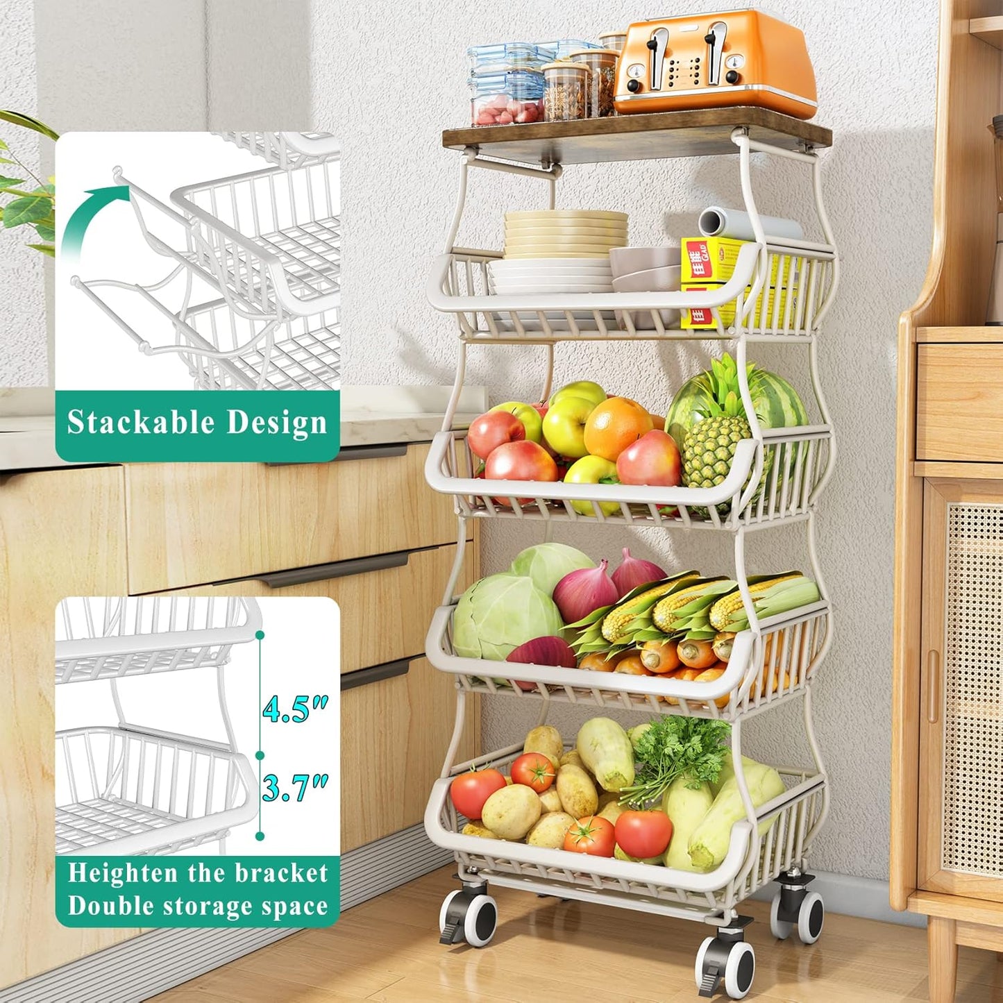 SAYZH Fruit Basket for Kitchen with Wood Top 5 Tier, Stackable Fruit and Vegetable Storage Cart, Wire Storage Basket with Wheels, Vegetable Basket Bins Rack for Onions and Potatoes, White