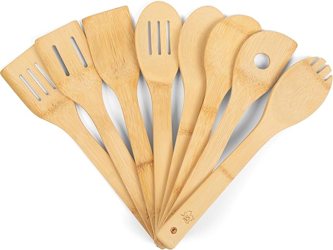 Bamboo Spoons for Cooking - Set of 8 Spoons - Wooden Cooking Spoons - Non-toxic & Organic Bamboo Cooking Utensils with Spoon Set & Spatula - Premium Kitchen Utensils